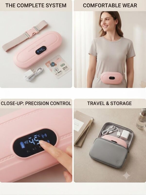 pc3 Rechargeable Period Cramp Relief Belt for Women Menstrual Heating & Massage Belt with Adjustable Heat Therapy & Vibration Massage Portable Electric Waist Belt for Menstrual Pain Relief, Relaxation & Comfort