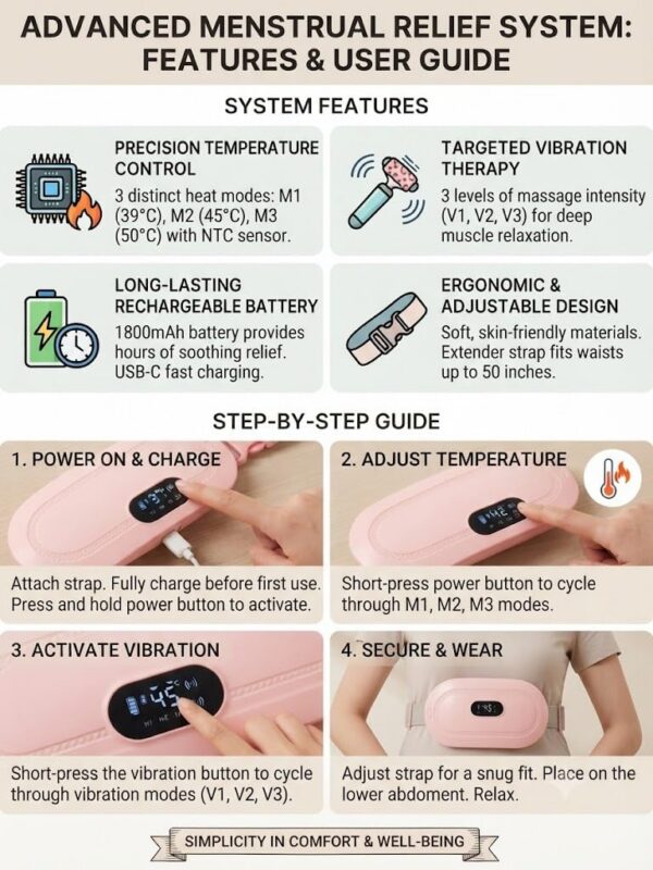 pc4 Rechargeable Period Cramp Relief Belt for Women Menstrual Heating & Massage Belt with Adjustable Heat Therapy & Vibration Massage Portable Electric Waist Belt for Menstrual Pain Relief, Relaxation & Comfort