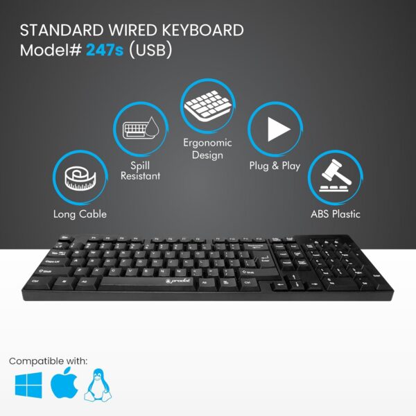 pdk2 ProDot ProSeries 247s USB Wired Keyboard I Plug & Play Technology I 104 Keys I 10M Key Life I 1.2m Cable I Rupee Key I Spill Resistant Design I Compatible with Windows, iOS, Linux I 1 Year Warranty