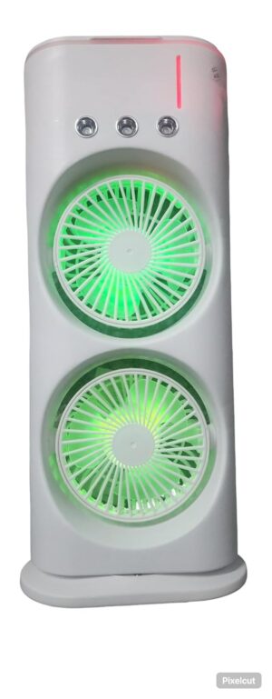 sf2 Double-Ended Spray Fan with Dual Fans and RGB Light, White Mist Humidifier, RGB LED Lighting, Portable Design, USB Powered, Desktop Tower