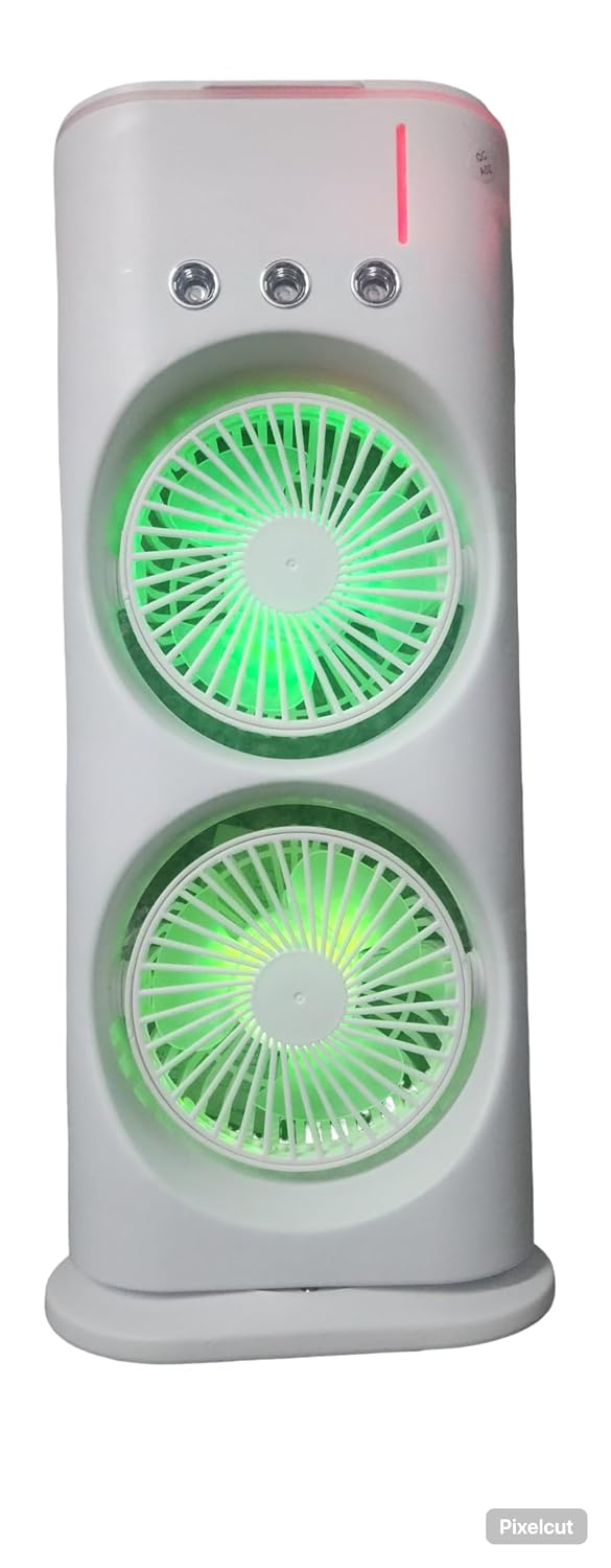 sf2 Double-Ended Spray Fan with Dual Fans and RGB Light, White Mist Humidifier, RGB LED Lighting, Portable Design, USB Powered, Desktop Tower
