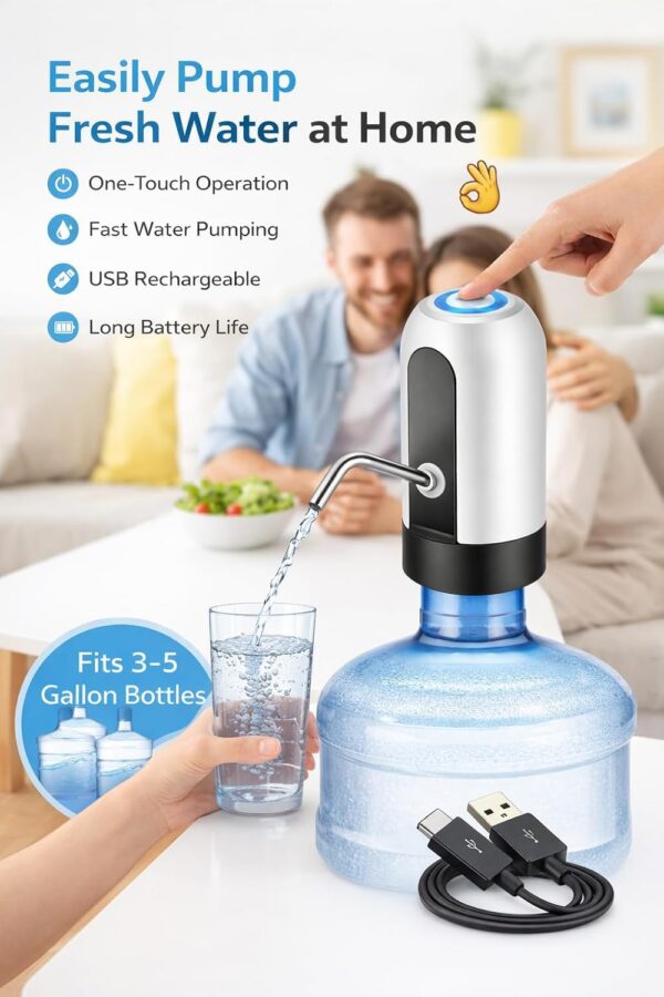 wd4 Automatic Water Dispenser Pump for Bottle USB Rechargeable Water Pump One Touch Electric Water Dispenser for 20L Bottle Portable Drinking Water Pump with Fast Flow Easy Installation for Home Office