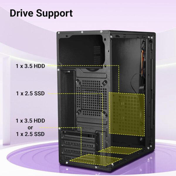 Zebronics Force, Computer Chassis, Micro ATX/Mini ITX, USB x 2, Front Audio, Perforated Side Panel, Top-Mounted PSU
