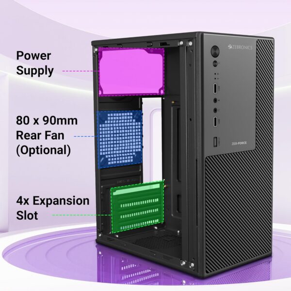 Zebronics Force, Computer Chassis, Micro ATX/Mini ITX, USB x 2, Front Audio, Perforated Side Panel, Top-Mounted PSU