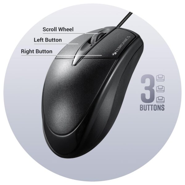 ZEBRONICS Byte Wired Optical Mouse with 3 Buttons, High Precision, 1000 DPI, Works on Most Surfaces, Plug & Play, USB Interface, 1.3m Cable Length