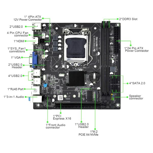 zh615 ZEBRONICS H61-NVMe Micro-ATX Motherboard for LGA 1155 Socket, Supports Intel 2nd & 3rd Generation Processors, M.2 Slot, 5.1 Audio, DDR3 1600 MHz, Ports (RJ45 | SATA | USB | HDMI)
