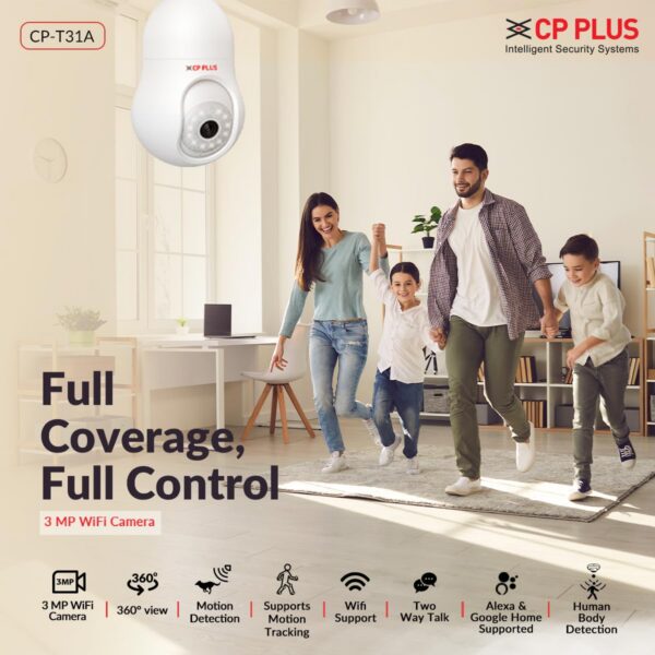 Version 1.0.0 CP PLUS 3 MP Resolution Smart Wi-fi Bulb Security Camera | 360° View | 2 Way Talk | Motion Tracking & Detection Alert | Built-in Siren | Advanced Night Vision | IR Distance 15 Mtr. | CP-T31A